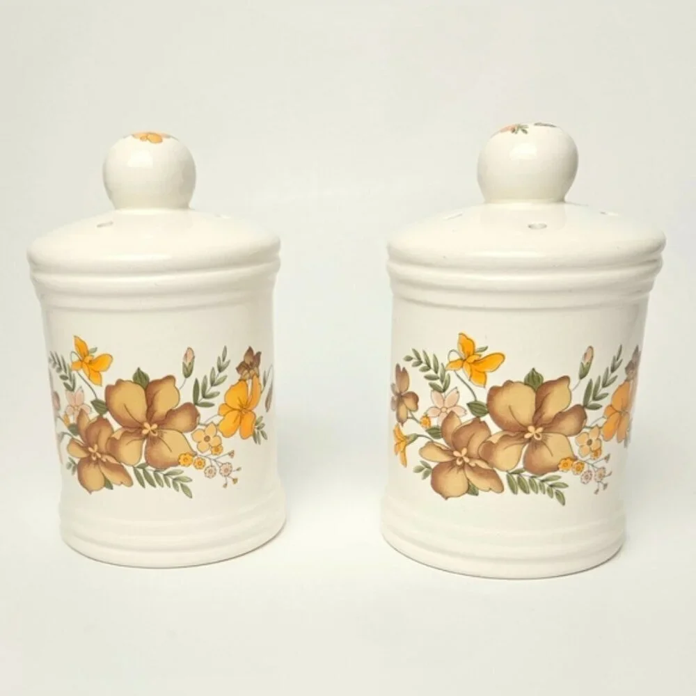 Vintage Japan Floral Ceramic Salt and Pepper Shakers Cream Tan Glazed Pair
